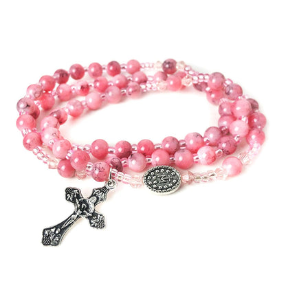 Virgin Mary Marbled Pink and Faux Pearl Acrylic Rosary and 5 Decade Rosary Bracelet Set