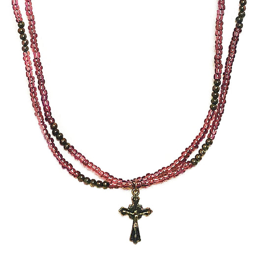 Crucifix Purple Seed Bead Necklace and Four Way Medal Our Lady of Lourdes Rose Bracelet Set by DALIA LORRAINE