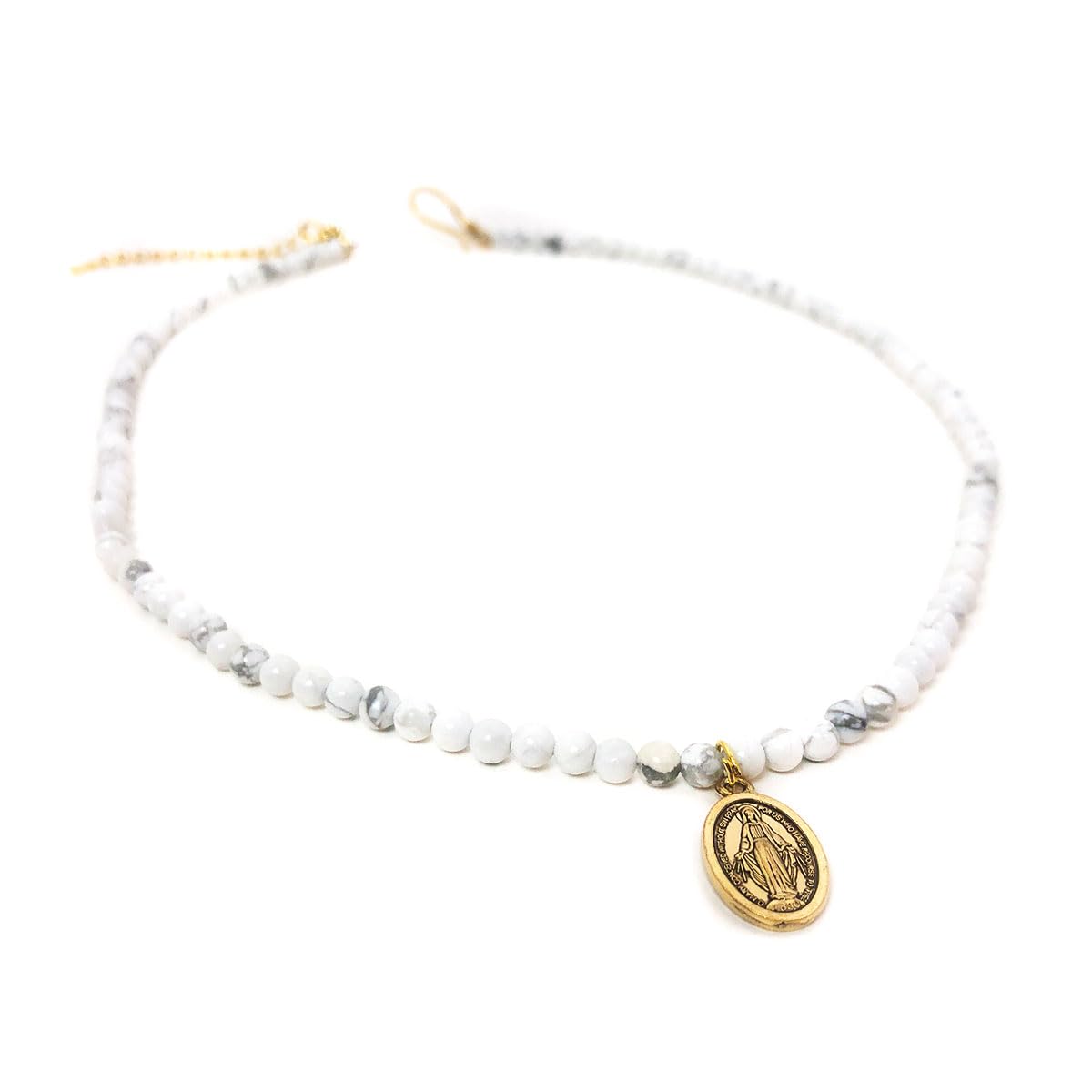 Miraculous Medal White Howlite Stone Necklace & Dainty Rosary Bracelet Set by DALIA LORRAINE