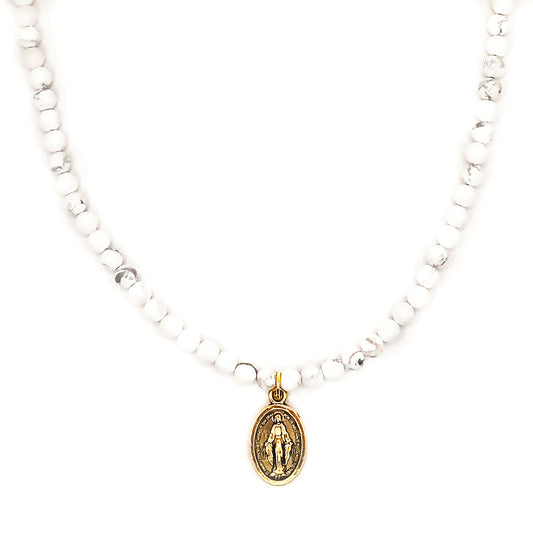 Miraculous Medal White Howlite Stone Necklace & Dainty Rosary Bracelet Set by DALIA LORRAINE