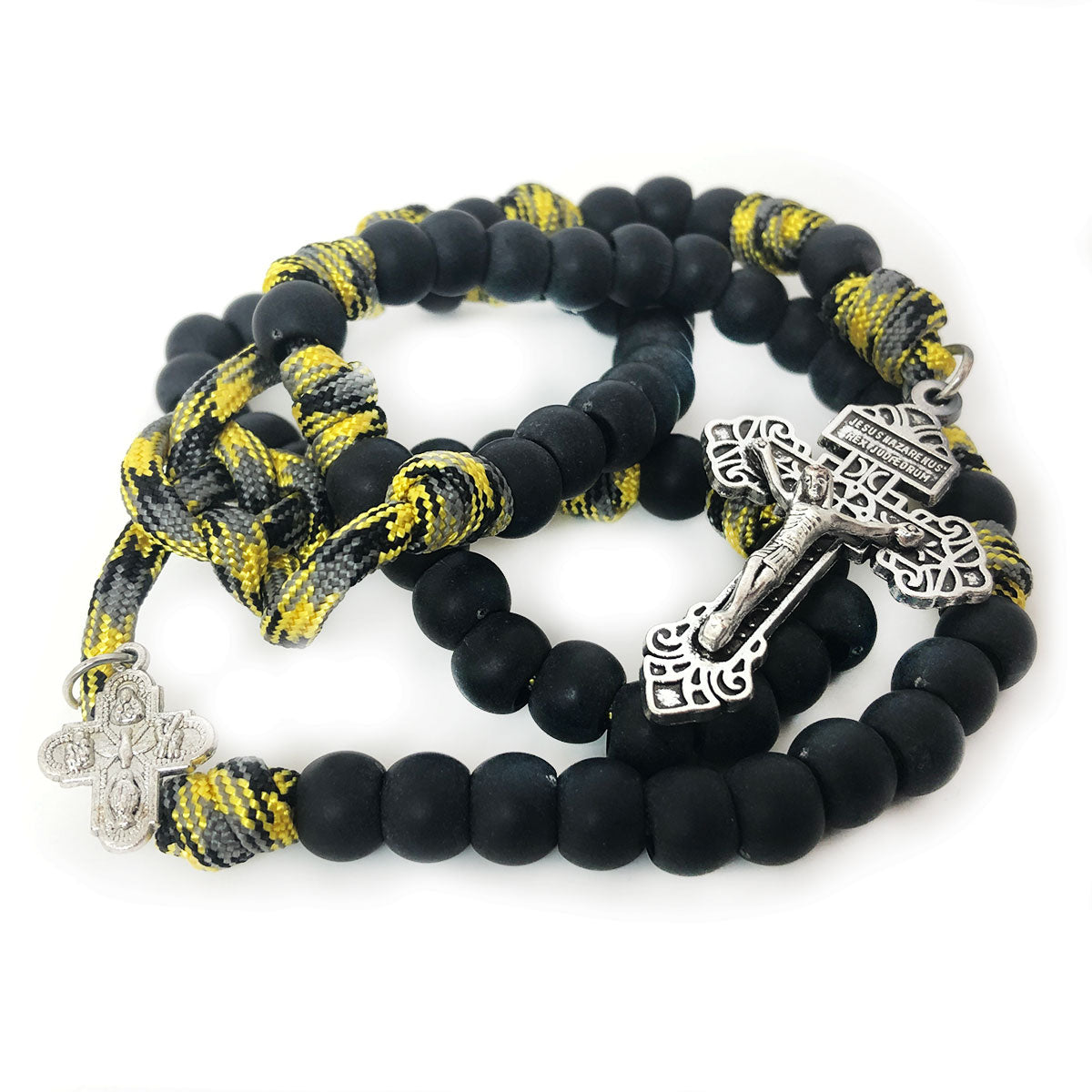 Four Way Medal Black and Yellow Paracord Rosary and Bracelet Set