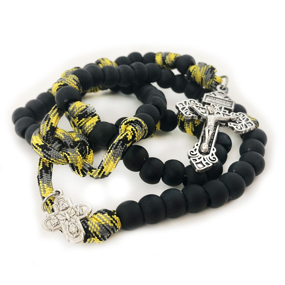 Four Way Medal Black and Yellow Paracord Rosary and Bracelet Set