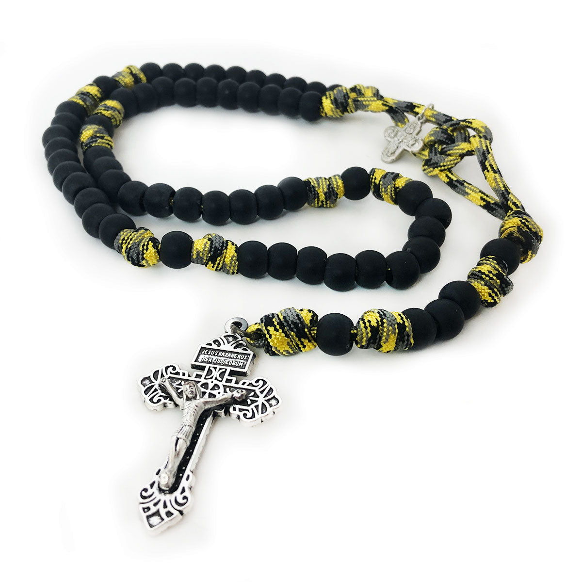 Four Way Medal Black and Yellow Paracord Rosary and Bracelet Set