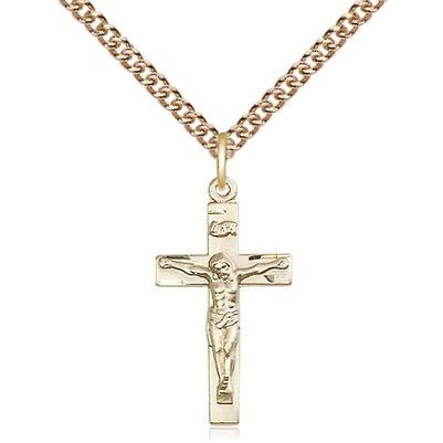 Crucifix Medal Necklace - 14K Gold Filled - 7/8 Inch Tall x 3/8 Inch Wide with 24" Chain