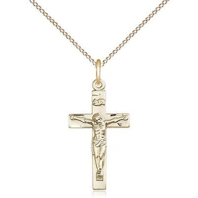 Crucifix Medal Necklace - 14K Gold - 7/8 Inch Tall x 3/8 Inch Wide with 18" Chain