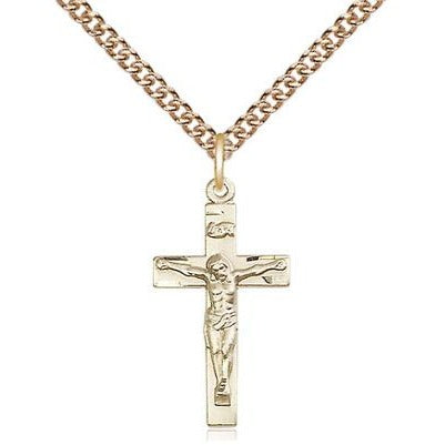 Crucifix Medal Necklace - 14K Gold - 7/8 Inch Tall x 3/8 Inch Wide with 24" Chain