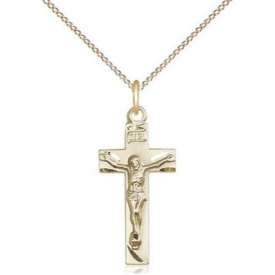 Crucifix Medal Necklace - 14K Gold - 7/8 Inch Tall x 3/8 Inch Wide with 18" Chain