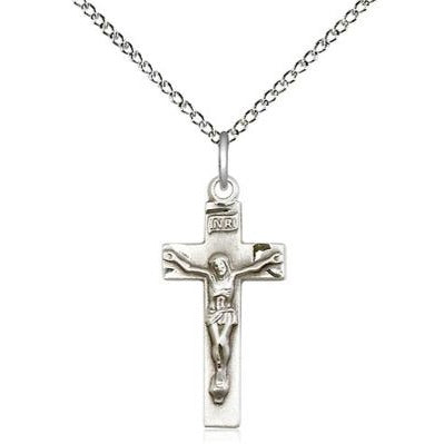 Crucifix Medal Necklace - Sterling Silver - 7/8 Inch Tall x 3/8 Inch Wide with 18" Chain