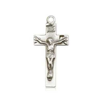 Crucifix Medal Necklace - Sterling Silver - 7/8 Inch Tall x 3/8 Inch Wide with 18" Chain