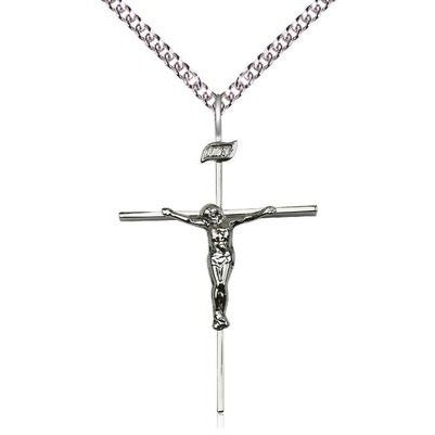 Crucifix Medal Necklace - Sterling Silver - 1-1/2 Inch Tall x 1 Inch Wide with 24" Chain