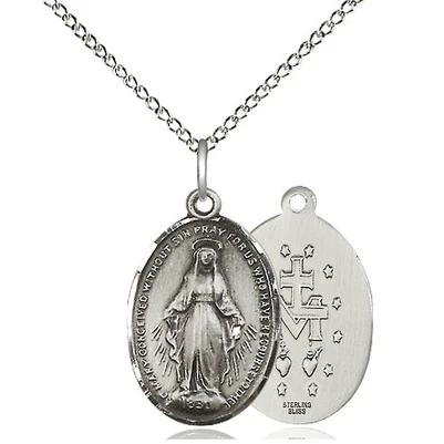 Miraculous Medal Necklace - Sterling Silver - 3/4 Inch Tall by 1/2 Inch Wide with 18" Chain