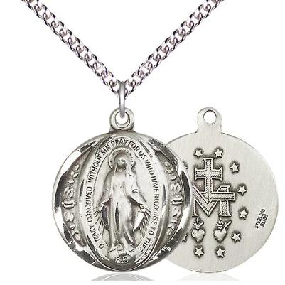 Miraculous Medal Necklace - Sterling Silver - 7/8 Inch Tall by 3/4 Inch Wide with 24" Chain