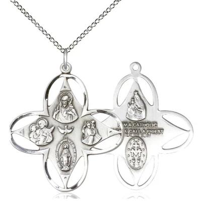 4 Way Medal Necklace - Sterling Silver - 1-1/4 Inch Tall by 1-1/8 Inch Wide with 18" Chain