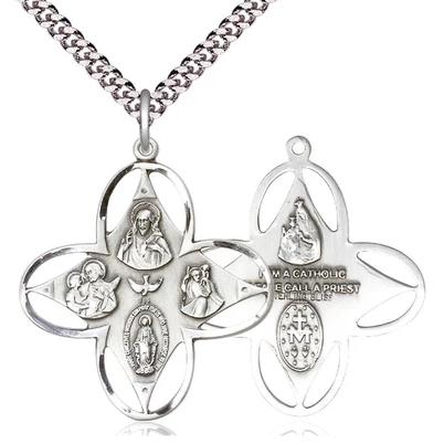 4 Way Medal Necklace - Sterling Silver - 1-1/4 Inch Tall by 1-1/8 Inch Wide with 24" Chain