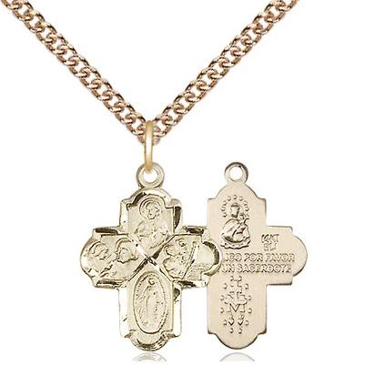 4 Way Medal Necklace - 14K Gold - 3/4 Inch Tall by 1/2 Inch Wide with 24" Chain