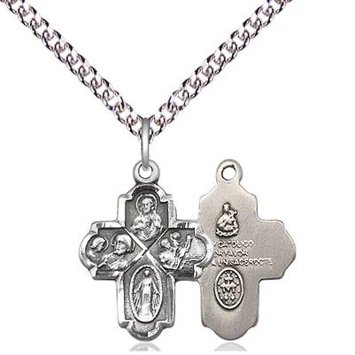 4 Way Medal Necklace - Sterling Silver - 3/4 Inch Tall by 1/2 Inch Wide with 24" Chain