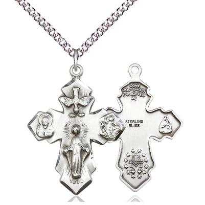 4 Way Medal Necklace - Sterling Silver - 1-1/4 Inch Tall by 7/8 Inch Wide with 24" Chain