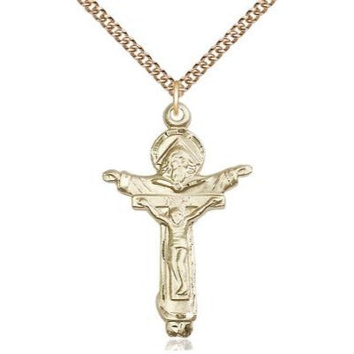 Trinity Crucifix Medal Necklace - 14K Gold - 1-3/8 Inch Tall x 7/8 Inch Wide with 24" Chain
