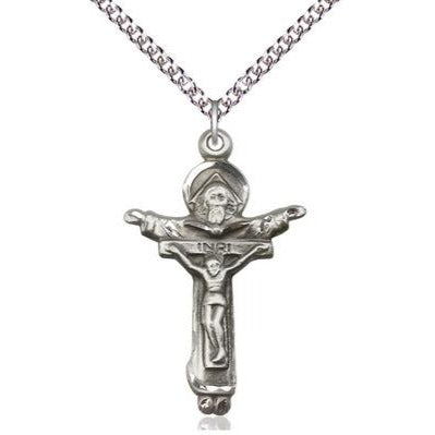 Trinity Crucifix Medal Necklace - Sterling Silver - 1-3/8 Inch Tall x 7/8 Inch Wide with 24" Chain