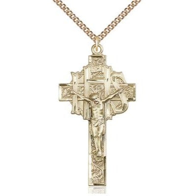 Crucifix Medal Necklace - 14K Gold - 1-7/8 Inch Tall x 1 Inch Wide with 24" Chain