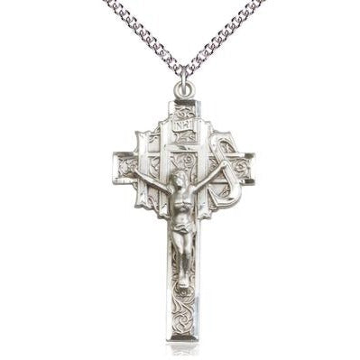 Crucifix Medal Necklace - Sterling Silver - 1-7/8 Inch Tall x 1 Inch Wide with 24" Chain