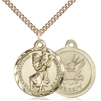 St. Christopher Navy Medal Necklace - 14K Gold Filled - 7/8 Inch Tall x 3/4 Inch Wide with 24" Chain