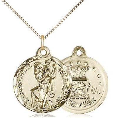 St. Christopher Air Force Medal Necklace - 14K Gold - 7/8 Inch Tall x 3/4 Inch Wide with 18" Chain