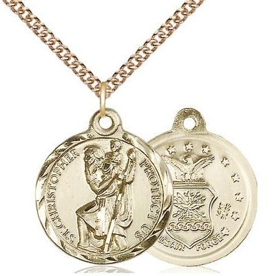 St. Christopher Air Force Medal Necklace - 14K Gold - 7/8 Inch Tall x 3/4 Inch Wide with 24" Chain
