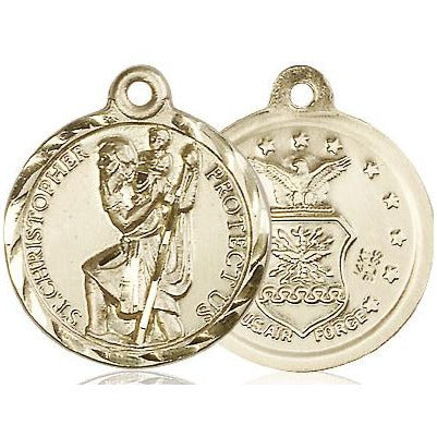 St. Christopher Air Force Medal Necklace - 14K Gold - 7/8 Inch Tall x 3/4 Inch Wide with 24" Chain