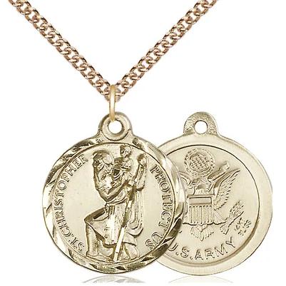 St. Christopher Army Medal Necklace - 14K Gold - 7/8 Inch Tall x 3/4 Inch Wide with 24" Chain