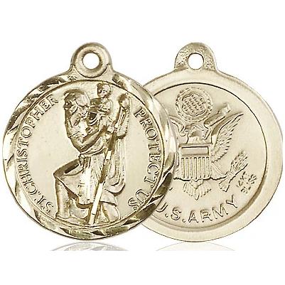 St. Christopher Army Medal Necklace - 14K Gold - 7/8 Inch Tall x 3/4 Inch Wide with 24" Chain