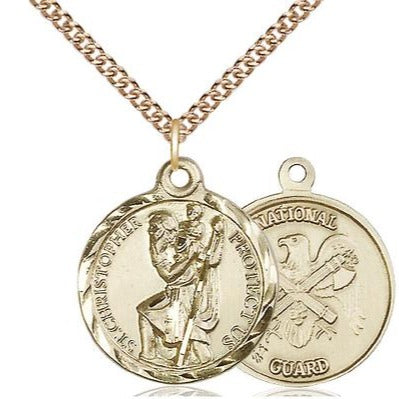 St. Christopher National Guard Medal Necklace - 14K Gold - 7/8 Inch Tall x 3/4 Inch Wide with 24" Chain