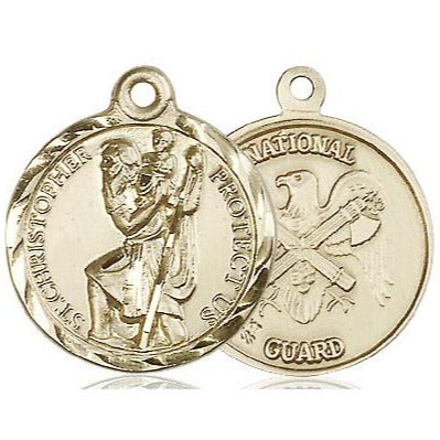 St. Christopher National Guard Medal Necklace - 14K Gold - 7/8 Inch Tall x 3/4 Inch Wide with 24" Chain