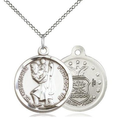 St. Christopher Air Force Medal Necklace - Sterling Silver - 7/8 Inch Tall x 3/4 Inch Wide with 18" Chain