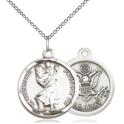 St. Christopher Army Medal Necklace - Sterling Silver - 7/8 Inch Tall x 3/4 Inch Wide with 18" Chain
