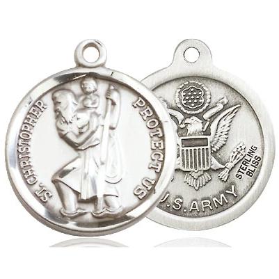 St. Christopher Army Medal Necklace - Sterling Silver - 7/8 Inch Tall x 3/4 Inch Wide with 18" Chain