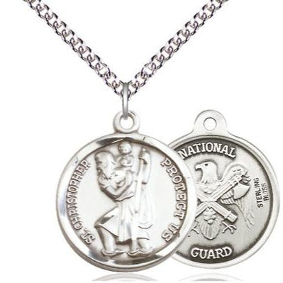 St. Christopher National Guard Medal Necklace - Sterling Silver - 7/8 Inch Tall x 3/4 Inch Wide with 24" Chain