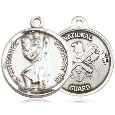 St. Christopher National Guard Medal Necklace - Sterling Silver - 7/8 Inch Tall x 3/4 Inch Wide with 24" Chain