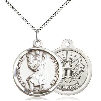 St. Christopher Navy Medal Necklace - Sterling Silver - 7/8 Inch Tall x 3/4 Inch Wide with 18" Chain