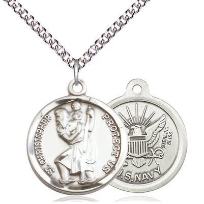St. Christopher Navy Medal Necklace - Sterling Silver - 7/8 Inch Tall x 3/4 Inch Wide with 24" Chain