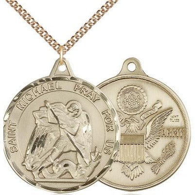 St. Michael Army Medal Necklace - 14K Gold - 1-3/8 Inch Tall x 1-1/4 Inch Wide with 24" Chain