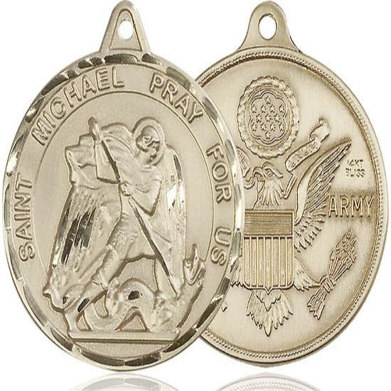 St. Michael Army Medal Necklace - 14K Gold - 1-3/8 Inch Tall x 1-1/4 Inch Wide with 18" Chain