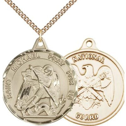 St. Michael National Guard Medal Necklace - 14K Gold - 1-3/8 Inch Tall x 1-1/4 Inch Wide with 24" Chain