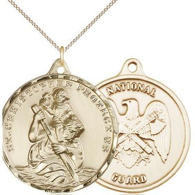 St. Christopher National Guard Medal Necklace - 14K Gold Filled - 1-1/4 Inch Tall x 1-1/4 Inch Wide with 18" Chain