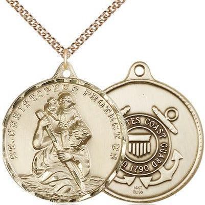 St. Christopher Coast Guard Medal Necklace - 14K Gold - 1-1/4 Inch Tall x 1-1/4 Inch Wide with 24" Chain