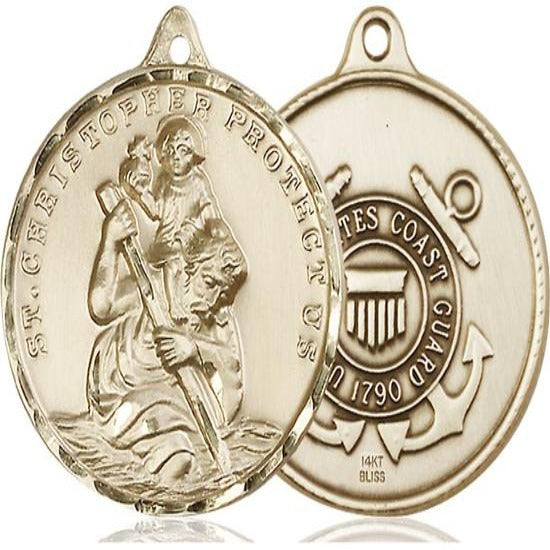 St. Christopher Coast Guard Medal Necklace - 14K Gold - 1 Inch Tall x 3/4 Inch Wide with 18" Chain