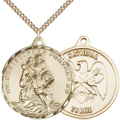 St. Christopher National Guard Medal Necklace - 14K Gold - 1-1/4 Inch Tall x 1-1/4 Inch Wide with 24" Chain