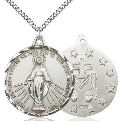 Miraculous Medal Necklace - Sterling Silver - 1-3/8 Inch Tall by 1-1/4 Inch Wide with 24" Chain