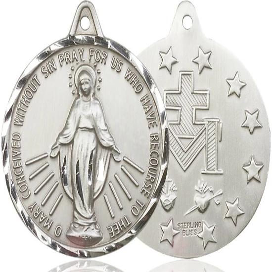 Miraculous Medal Necklace - Sterling Silver - 1-3/8 Inch Tall by 1-1/4 Inch Wide with 18" Chain