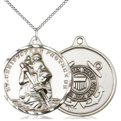 St. Christopher Coast Guard Medal Necklace - Sterling Silver - 1-1/4 Inch Tall x 1-1/4 Inch Wide with 18" Chain